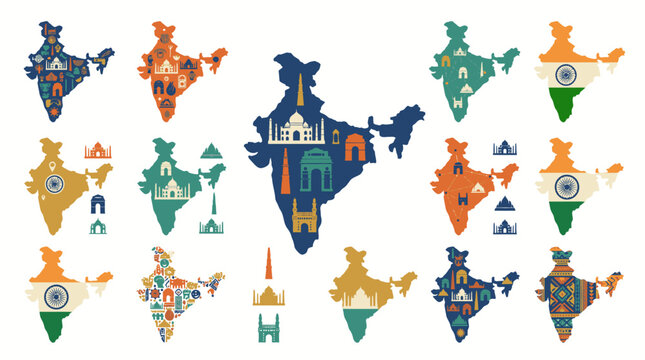 Various map of India silhouettes filled with cultural landmarks and national flag colors.