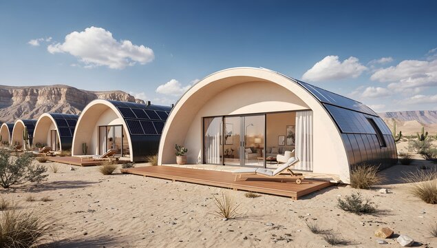 Modern eco friendly desert resort featuring futuristic arched cabins with solar roofs and luxury outdoor living in an arid landscape
