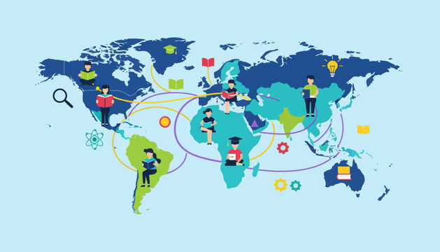 Global Education Network: Students Connecting Worldwide on a Blank World Map, Online Learning and Knowledge Sharing