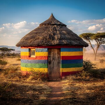 Traditional African round hut with colorful painted walls in a dry savanna landscape under warm golden light and clear sky
