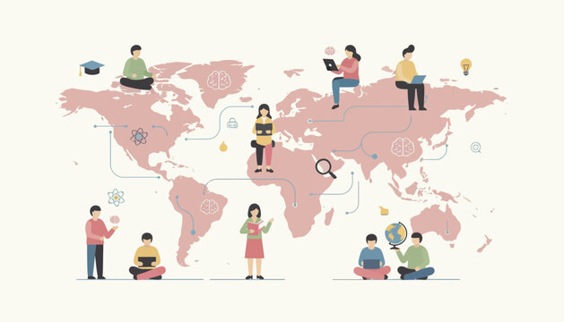 Diverse students learning and connecting globally on a stylized pink world map with digital network lines