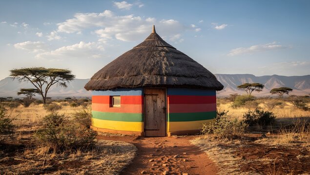 Traditional African round hut with colorful painted walls in a dry savanna landscape under warm golden light and clear sky
