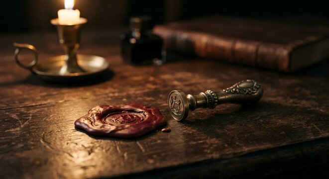 Brass wax seal stamp with red sealing wax on dark wooden desk traditional authority
