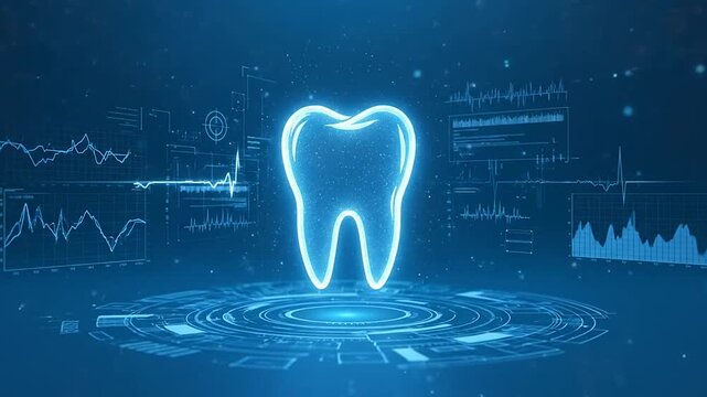Neon glowing tooth graphic design element.