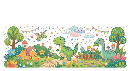 A cute cartoon vector illustration of friendly dinosaurs celebrating in a colorful park with flowers, trees, happy clouds, and party decorations. © Regina