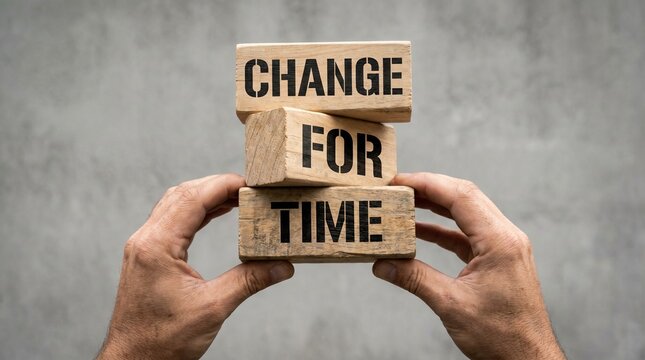 Wooden blocks arranged as change for time are supported by hands before a concrete wall.