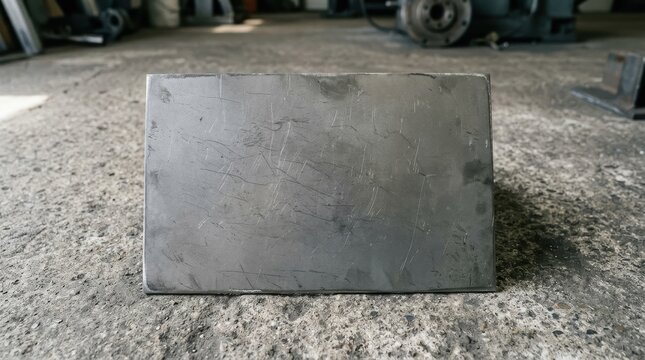 A worn, scratched steel plate resting on a rough industrial floor, showcasing its durable metallic texture.