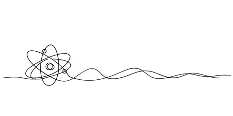 Atom Line Drawing, Minimalist continuous-line drawing of an atom with central nucleus and elliptical orbits, symbolizing science, physics, and chemistry. © Sa_e