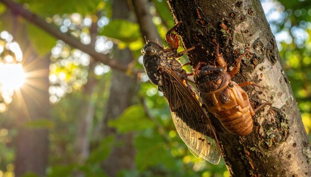 Close-up on Periodical Cicadas Emerging from Bark on Tree in Sunlight