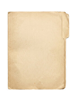 A weathered, aged manila folder with a tab, isolated on a clean white background, evoking a sense of nostalgia and history.