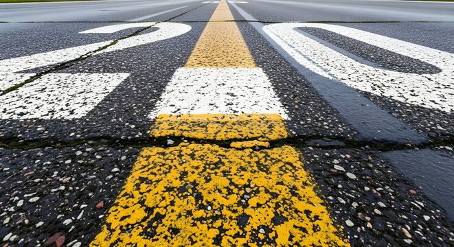 Close-up of asphalt with painted yellow and white lines, textured surface with bokeh effect