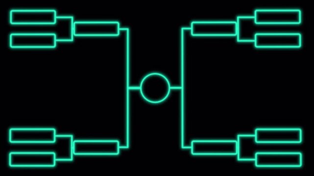 Neon tournament bracket animation with glowing sports championship layout. Glowing playoff bracket graphic animation for competitive event broadcast. Futuristic elimination bracket animation. 4K Video