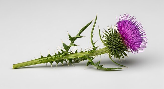 A single blooming Canadian thistle flower with sharp green spiky leaves and stem isolated on a plain white background for botanical or floral photography