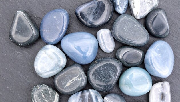 Collection of Small Tumbled Chalcedony Stones in Various Shades of Grey and Soft Blue