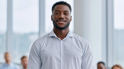 Fototapeta premium Confident Black man in a collared shirt smiling warmly in an office setting with colleagues blurred in the background, ready for a meeting or presentation