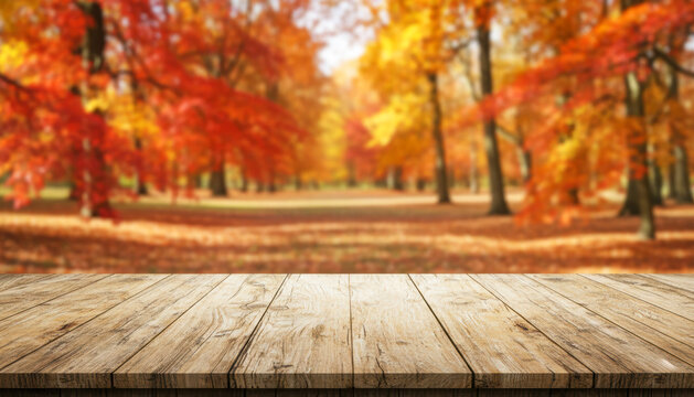 Empty wooden table top with blurred autumn leaves trees forest background. Product display montage mockup.