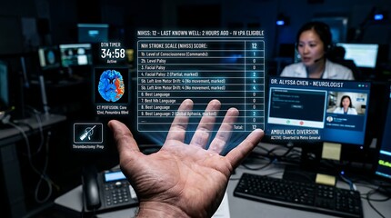 Fototapeta premium Hand interacting with virtual interface in a futuristic workspace