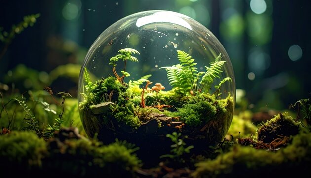 Enchanting Miniature Forest Terrarium Lush Green Ecosystem Captured in a Glass Sphere