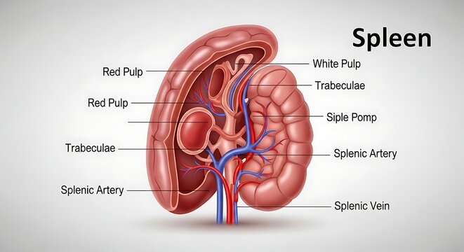 Detailed anatomical diagram of the human spleen structure.