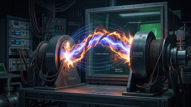 Intense electrical plasma energy arc between north and south magnetic poles in a futuristic laboratory experiment