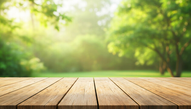 Wood plank table top with blurred green tree leaves garden background. Morning sun light product display.