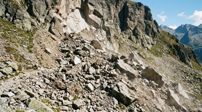 Mountain slope experiencing a massive rockslide with falling debris down the rugged terrain