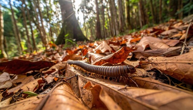 Millipede Scurrying Through Fallen Leaves on a Forest Floor