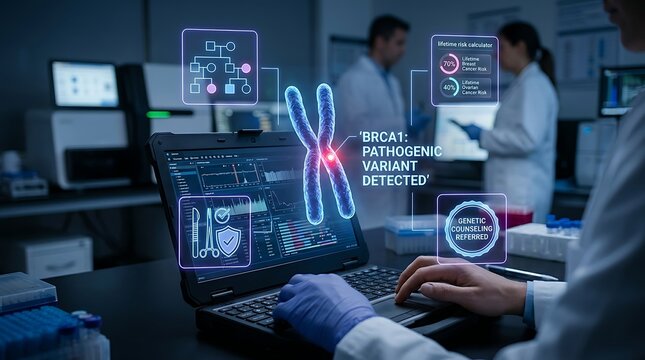 Scientists in lab analyzing DNA pathogen on computer screen