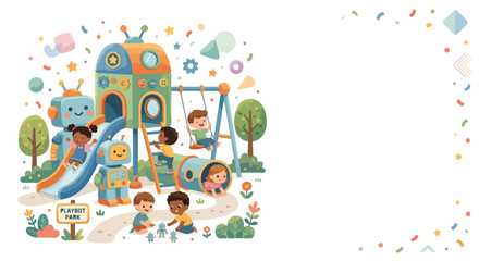 Naklejka premium Diverse children and cute robots play together at a vibrant 