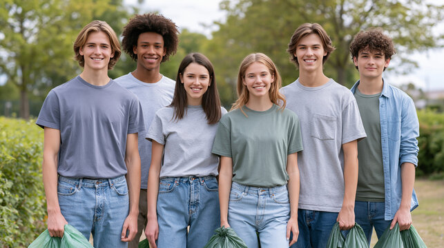 Six young volunteers smile and hold trash bags, ready to clean up the park
