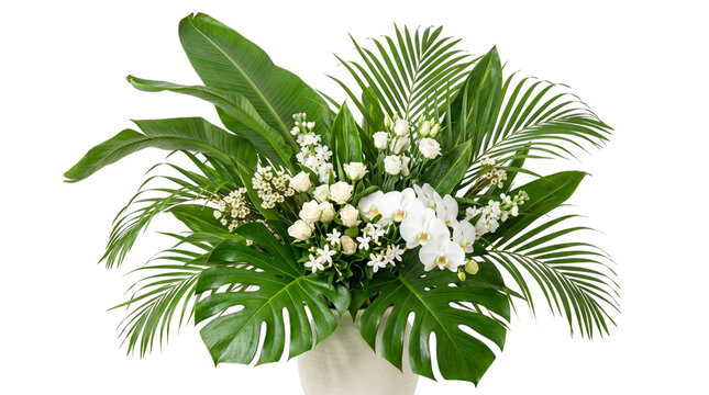 Large floral arrangement with white flowers and tropical leaves isolated on transparent background