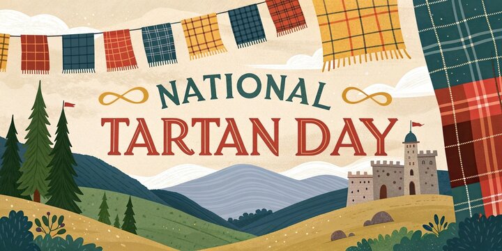 National Tartan Day banner with Scottish thistle flags and traditional tartan patterns