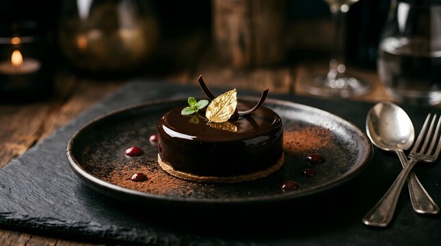 Gourmet chocolate mousse cake with gold leaf garnish on a black plate, fine dining dessert