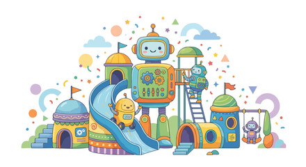 Naklejka premium A whimsical vector illustration depicts a vibrant, robot-themed playground where friendly mechanical friends enjoy slides, swings, and climbing.
