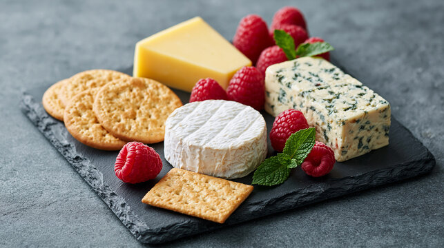 Delicious cheese platter with variety of cheese types, crackers, and fresh raspberries served on a dark slate board, accented with mint leaves.