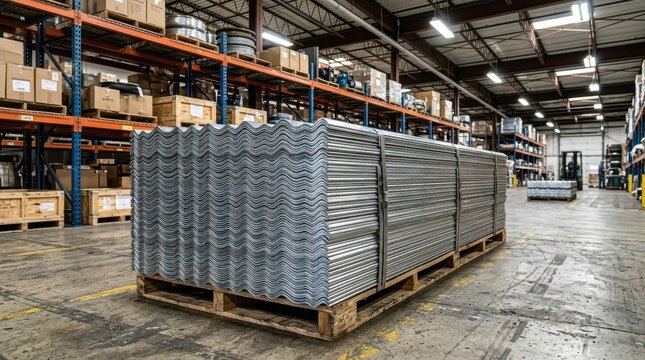 Stacks of Corrugated Metal Roofing Sheets in Warehouse Storage