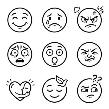 Set of nine hand drawn emoticons showing various emotions and feelings.
