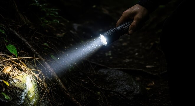 Flashlight Emitting Bright Beam in Dark Outdoor Environment