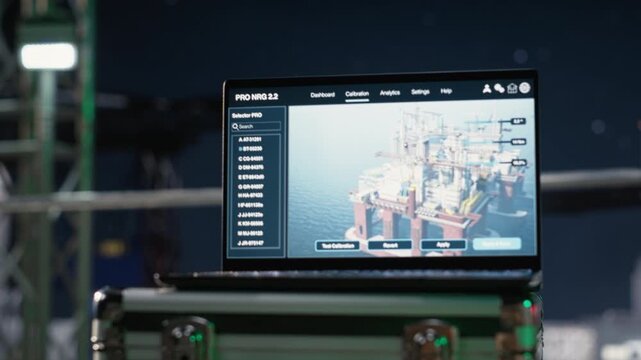 Laptop dashboard on drilling barge deck monitoring declining petrol extraction rates while software on notebook tracks fuel shortages during energy crisis on offshore platform, for energy operations.