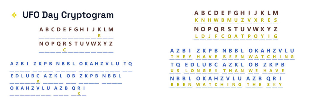 UFO Day Cryptogram puzzle with colorful letters and patterns  