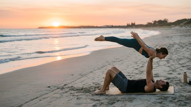 Fit couple practicing acro yoga on the beach at sunset for wellness