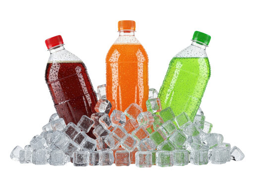Three chilled plastic bottles of carbonated drinks (cola, orange, lime) with heavy condensation, dynamically submerged in crushed ice cubes on a crisp white void. Concept for beverage advertising