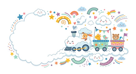 Whimsical vector illustration of a cloud train carrying cute animals through a magical sky filled with stars, rainbows, and fluffy clouds. © Regina
