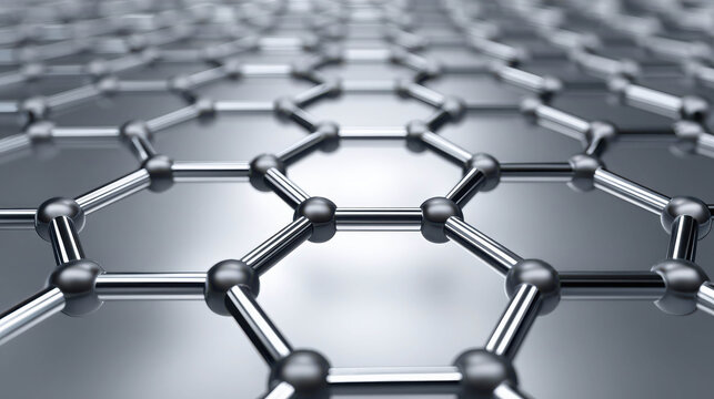 A 3D rendered image of graphene structure, showing hexagonal carbon atoms connected by covalent bonds, suggesting advanced material science and nanotechnology