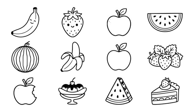 Collection of 12 Cute Handmade Fruit Doodle Icons in 16:9 Full Frame Grid for Kids Branding and Col Minimalist Summer Food Design Isolated Vector Set