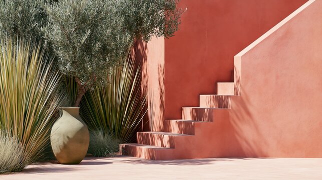 Terracotta Yoga Setting with Olive Trees and Steps