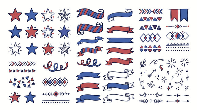 Hand drawn patriotic American design elements set with doodle stars, ribbons, scrolls, and borders in red and blue sketch style