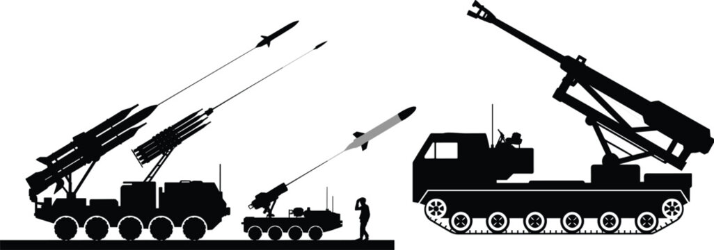 Black silhouettes of military missile launchers including truck‑mounted and tracked systems with firing rocket for defense vector design