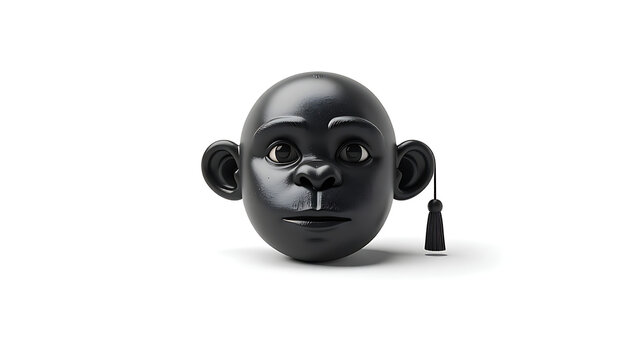 Isolated glossy black monkey head sculpture with expressive eyes and a graduation cap tassel, studio shot