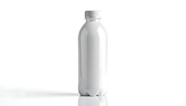 Isolated glossy white plastic bottle with screw cap, studio shot on white background, product mockup for branding